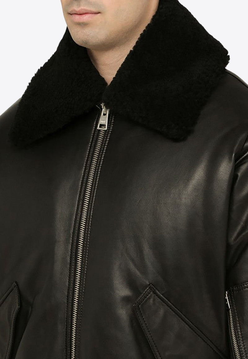 Shearling-Collar Leather Bomber Jacket