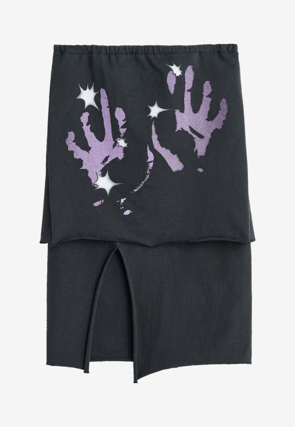 Slashed Hand Print Midi Skirt