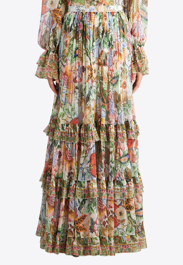 Silk Floral Tiered Maxi Skirt