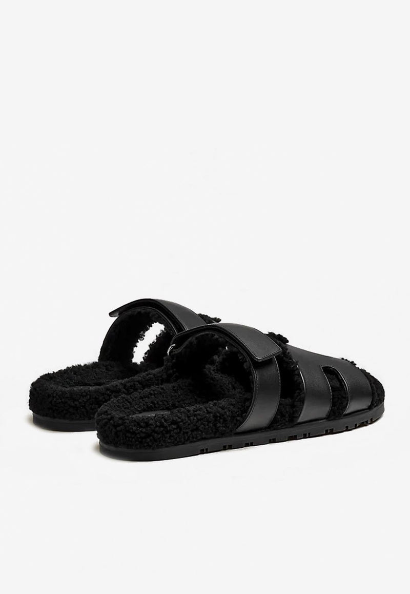 Chypre Sandals in Black Calfskin and Shearling