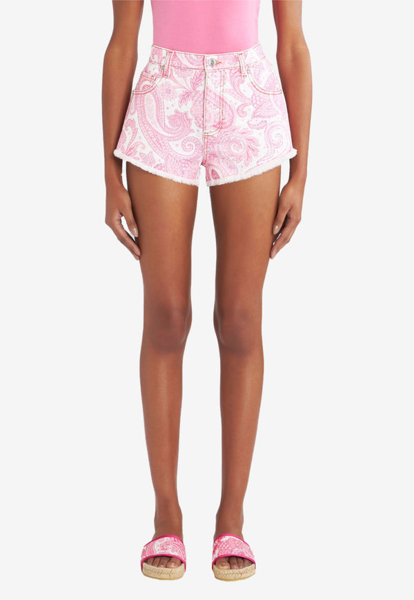 Liquid Paisley Fringed Mini Shorts