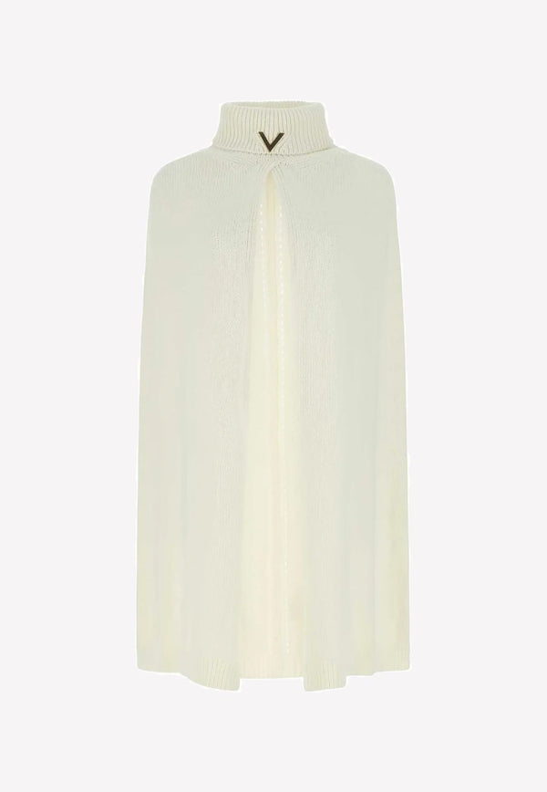 High-Neck Ribbed Knit Poncho with VLogo Detail