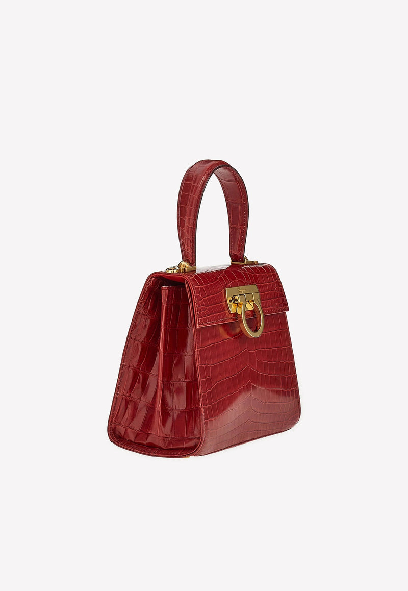 Gancini Top Handle Bag in Croc Leather