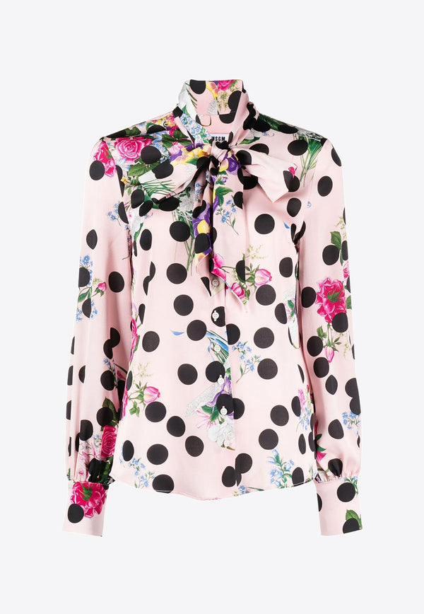 Floral Print Polka Dot Shirt with Bow Detail