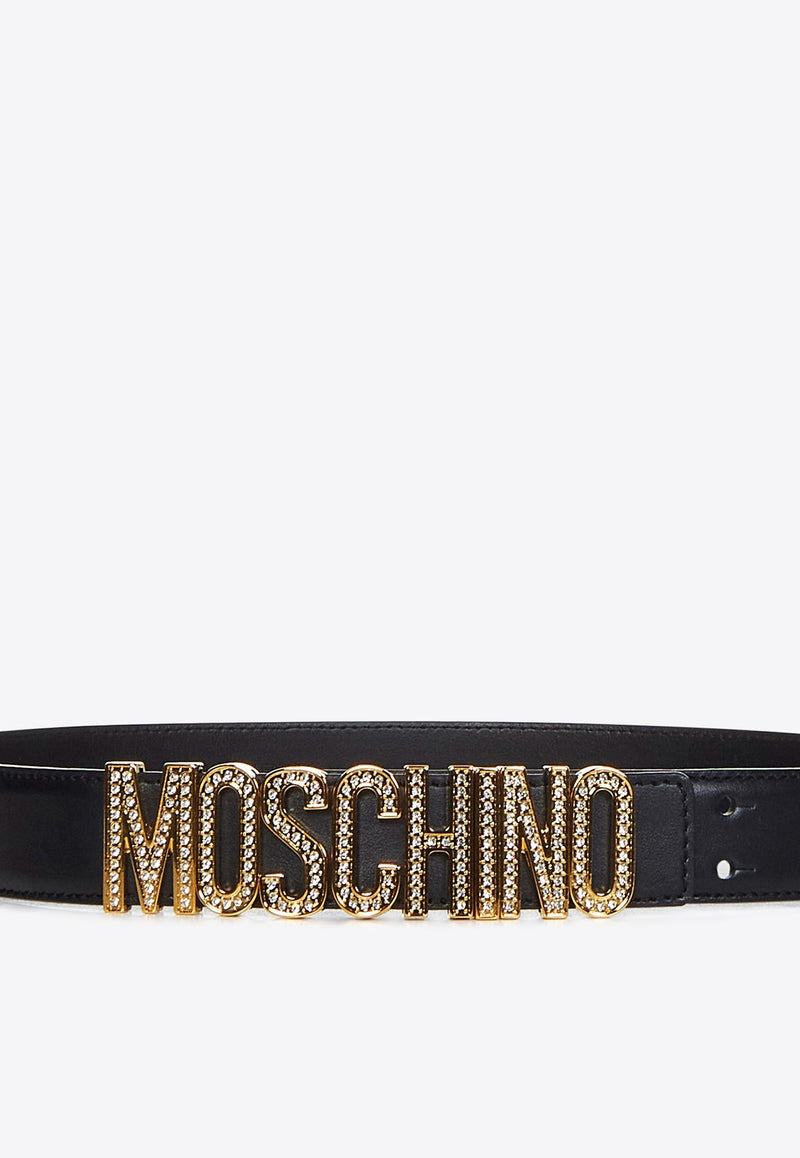 Crystal Embellished Logo Leather Belt