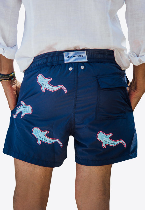 All-Over Shark Embroidery Swim Shorts