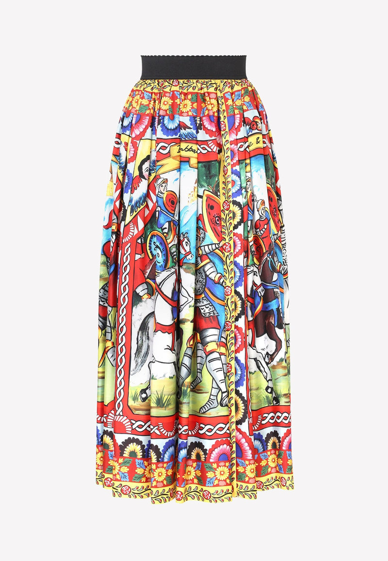 Carretto Print Pleated Silk Twill Midi Skirt