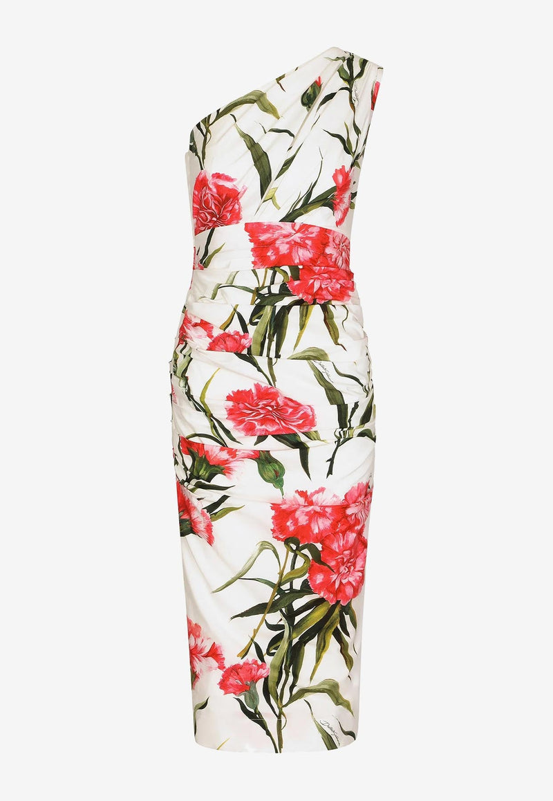 Carnation-Print One-Shoulder Midi Dress