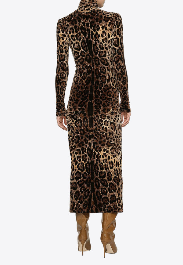 Leopard Print Turtleneck Midi Dress