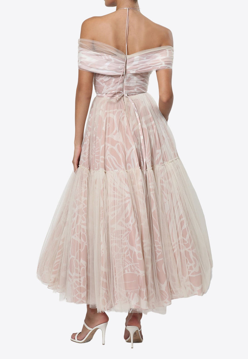 Off-Shoulder Jacquard Chiffon and Tulle Gown