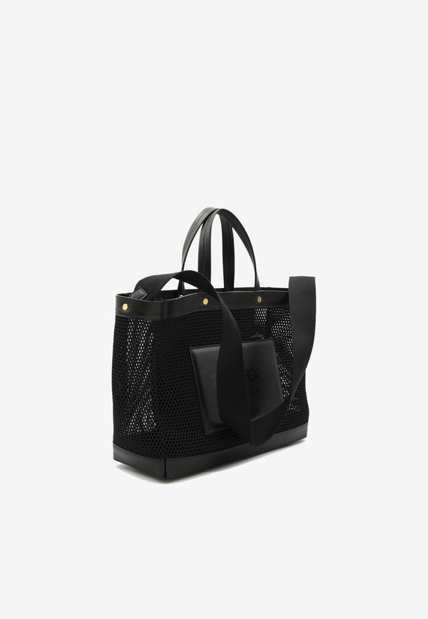 Logo Patch Tote Bag in Leather and Mesh