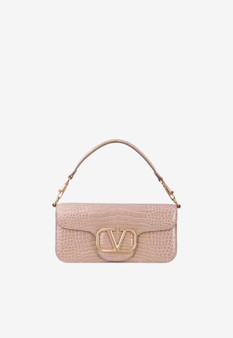 LOCÒ Crocodile Leather Shoulder Bag with VLogo Plaque