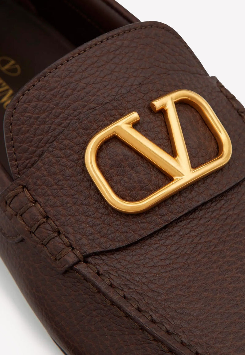 Metallic VLogo Detail Loafers in Calf Leather