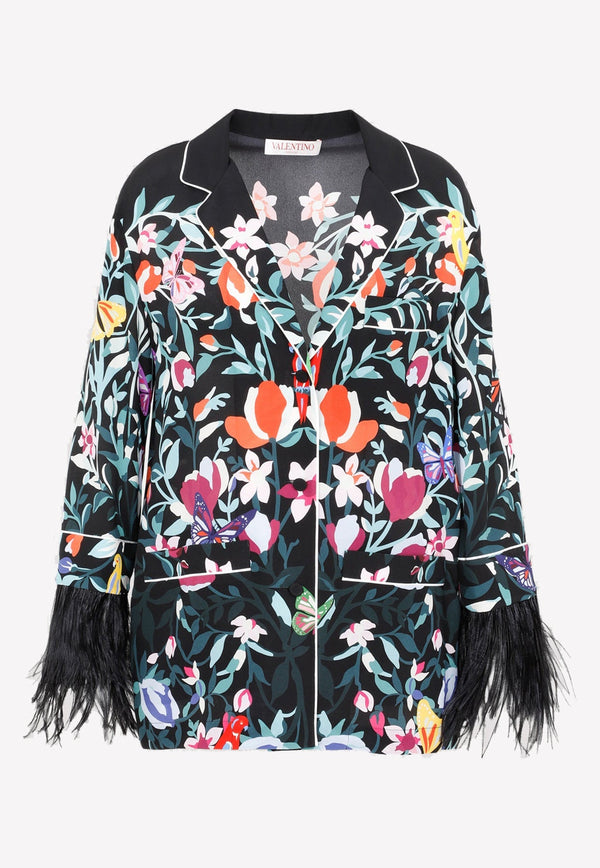 Feather-Trimmed Floral Silk Shirt