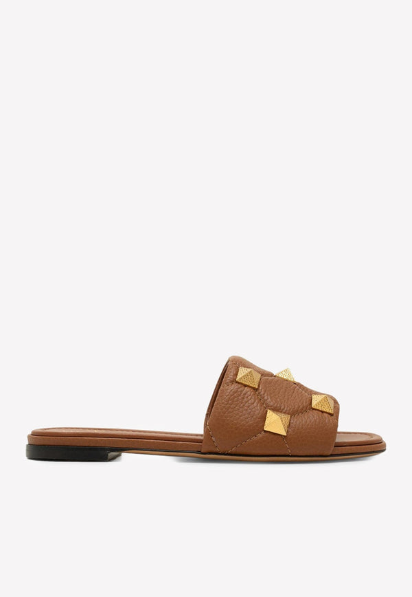 Roman Stud Quilted Flat Sandals in Grained Leather
